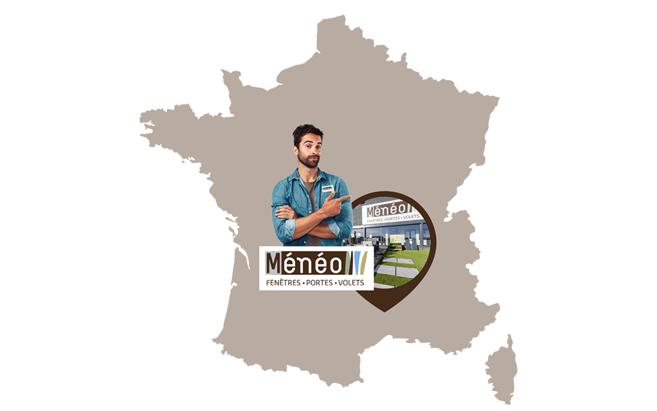 Carte de France avec un point représentant les enseignes Ménéo